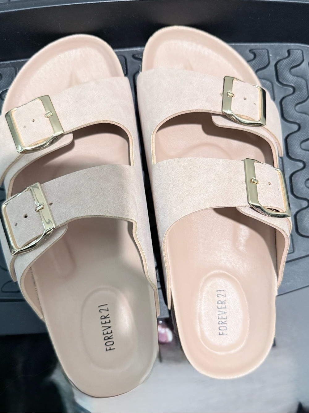 Forever 21 Pale Pink Double-Buckle Slide Sandals with Gold Buckles